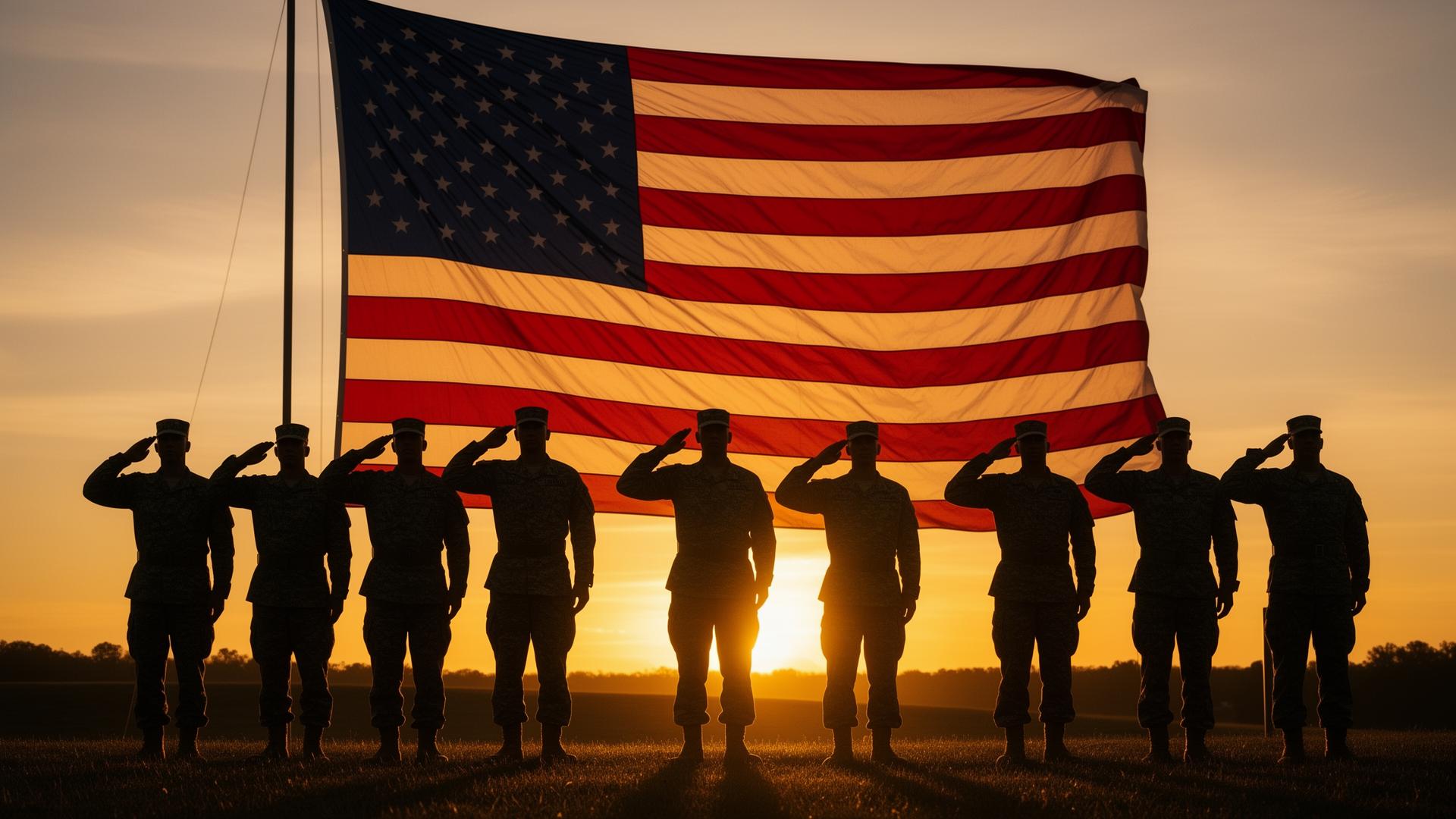 Veterans saluting at sunset